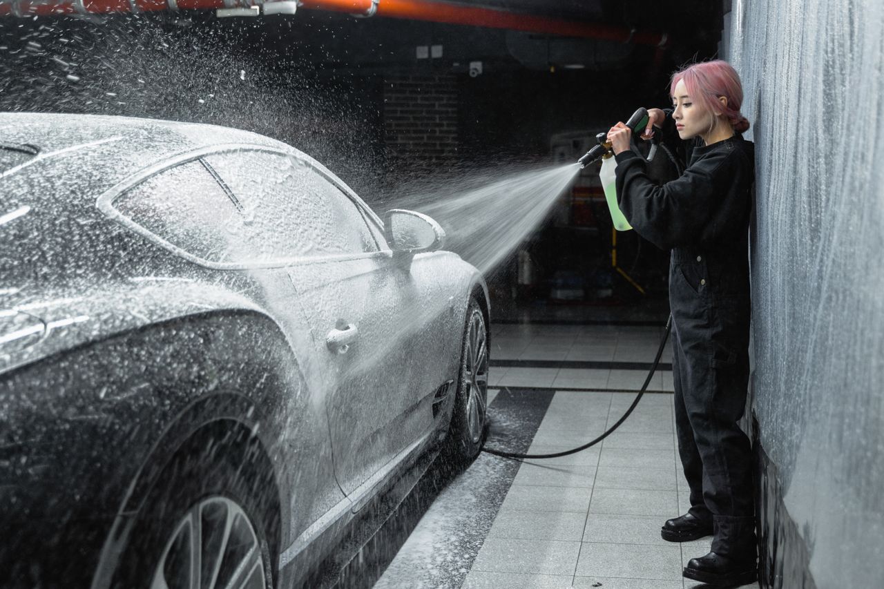 cta-bg An Asian woman using a pressure washer to clean a car at an indoor car wash facility.